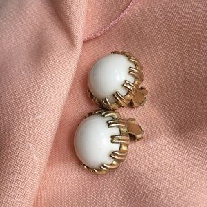 Vintage signed Marvella Milk Glass cabochon & gold earrings